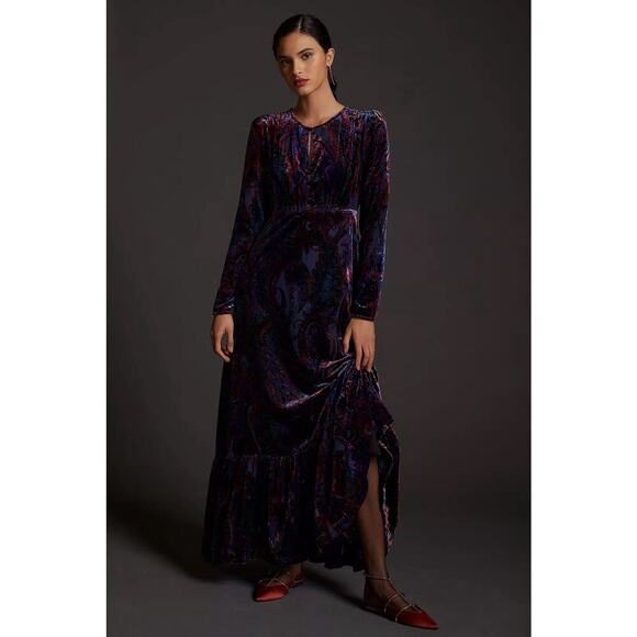 Anthropologie Burnout Velvet Paisley Maxi Dress Womens 6 Red Blue Formal - Picture 1 of 11